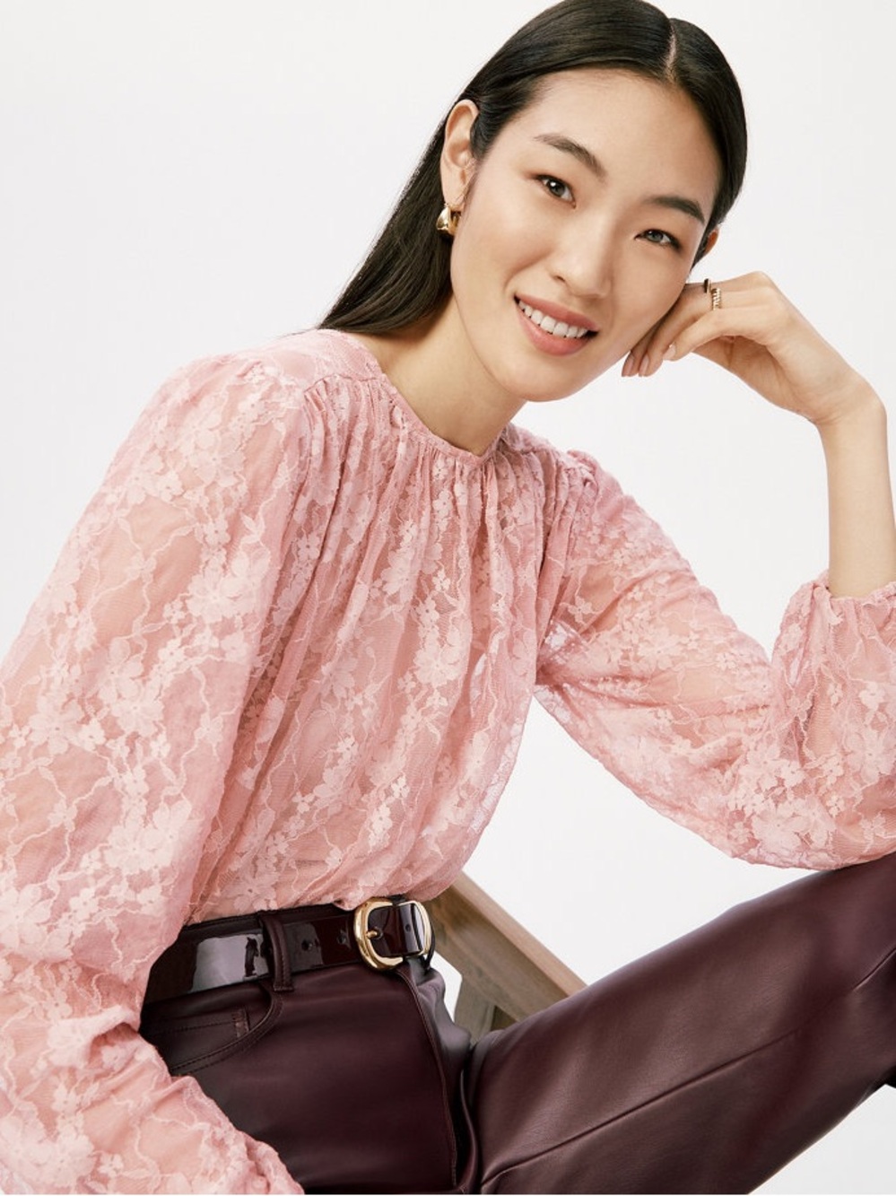 Ann Taylor Blush Pink Floral Lace Long-Sleeve Blouse